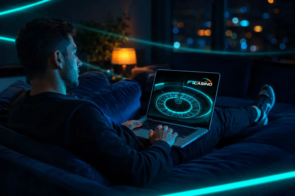 Kanepede dizüstü bilgisayarla uzun süren F1Casino oturumu
