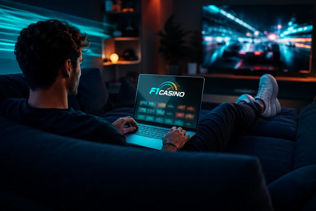 Dizüstü bilgisayarda F1Casino giriş ekranını açan genç kullanıcı