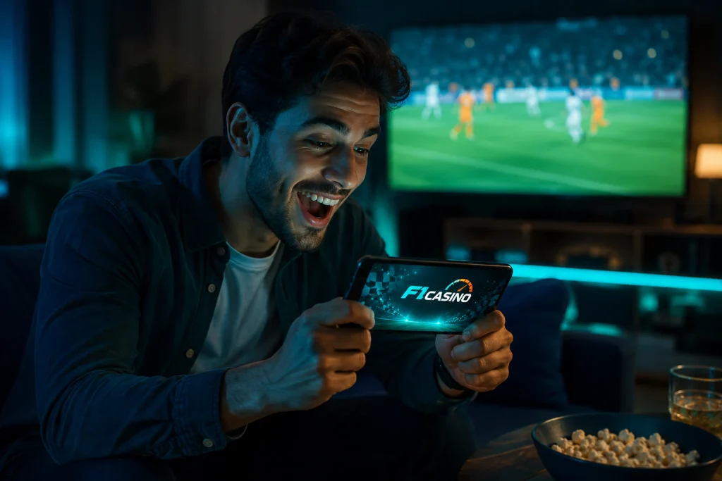 Telefonundan canlı futbol yayınını heyecanla izleyen adam