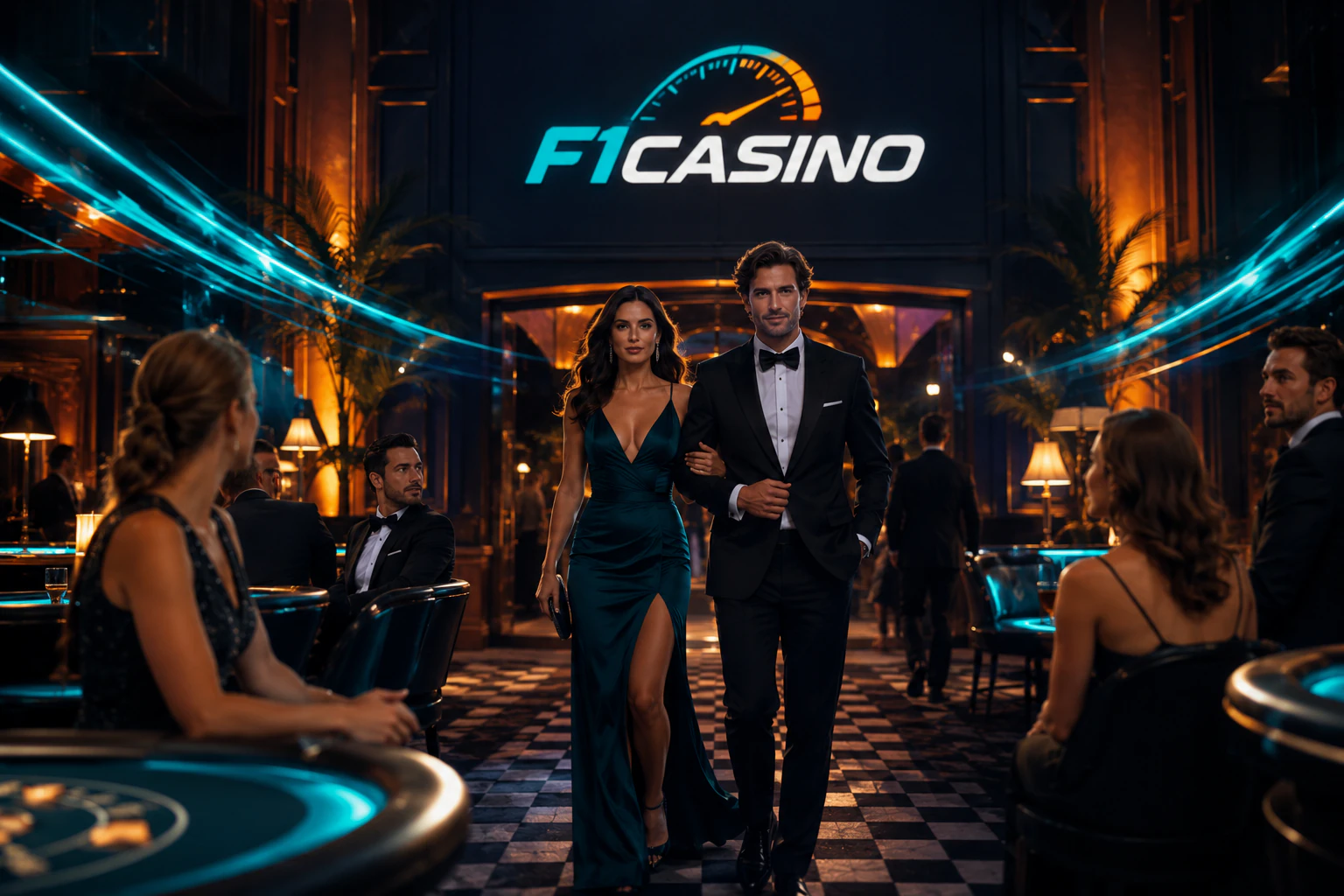 F1Casino giriş kapısında bekleyen şık giyimli çift